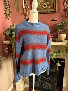 Reclaimed vintage Blue Crewneck Sweater with Red and Gray Stripes